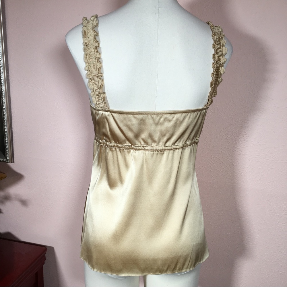 Ellie Tahari Gold Silk Satin Victorian Ruffle sweetheart neckline Camisole top - Picture 5 of 16